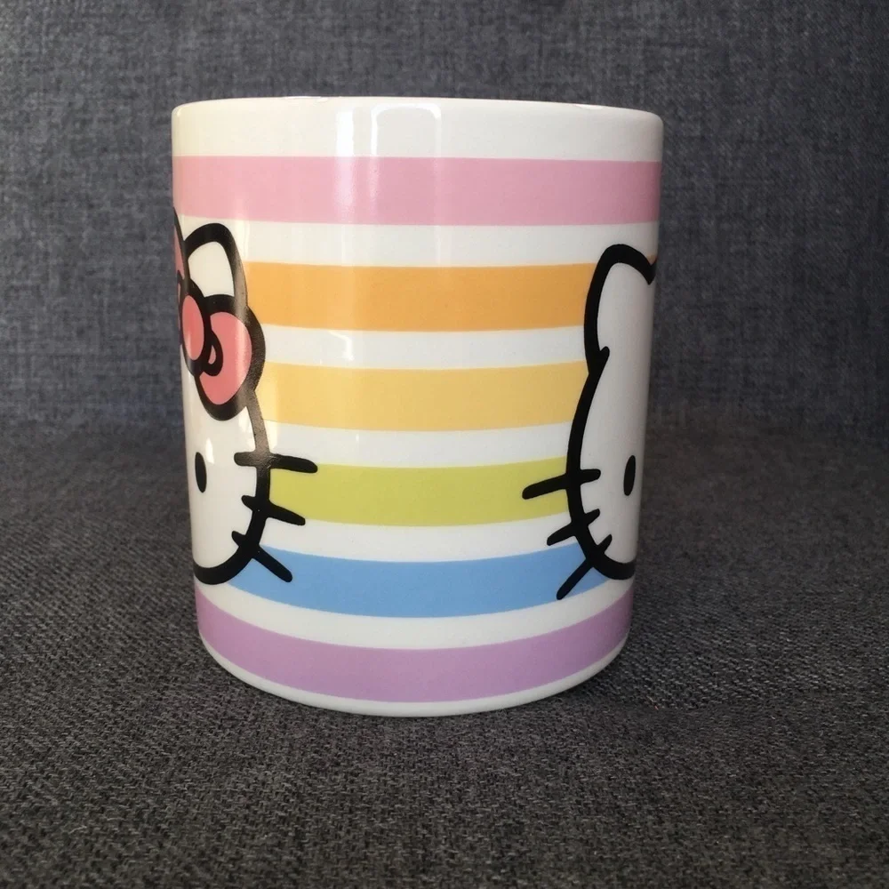 Hello Kitty Pastel Stripe, Bow Handle Coffee Mug, White, Pink, 20 oz